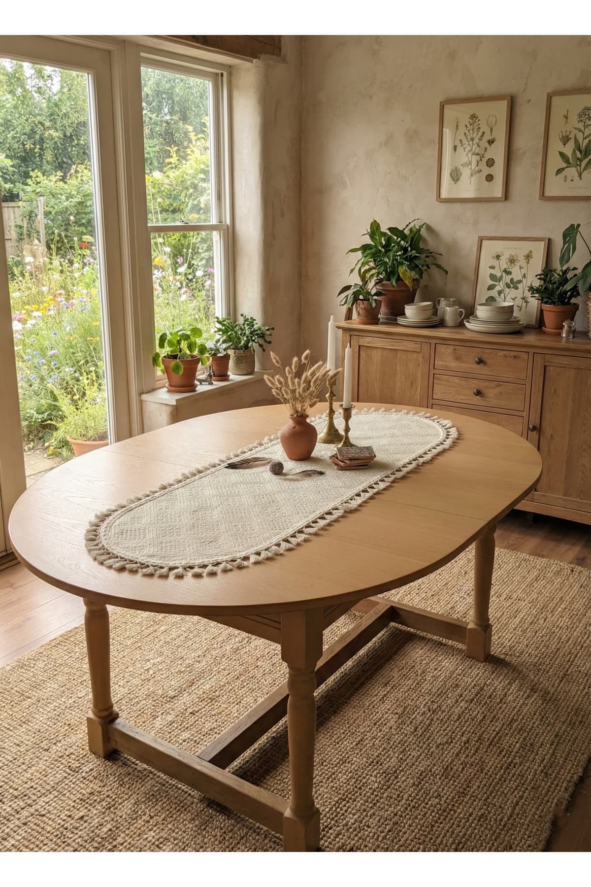 Doğal Dokulu Püsküllü Buldan Bezi Oval Runner 40×110 cm