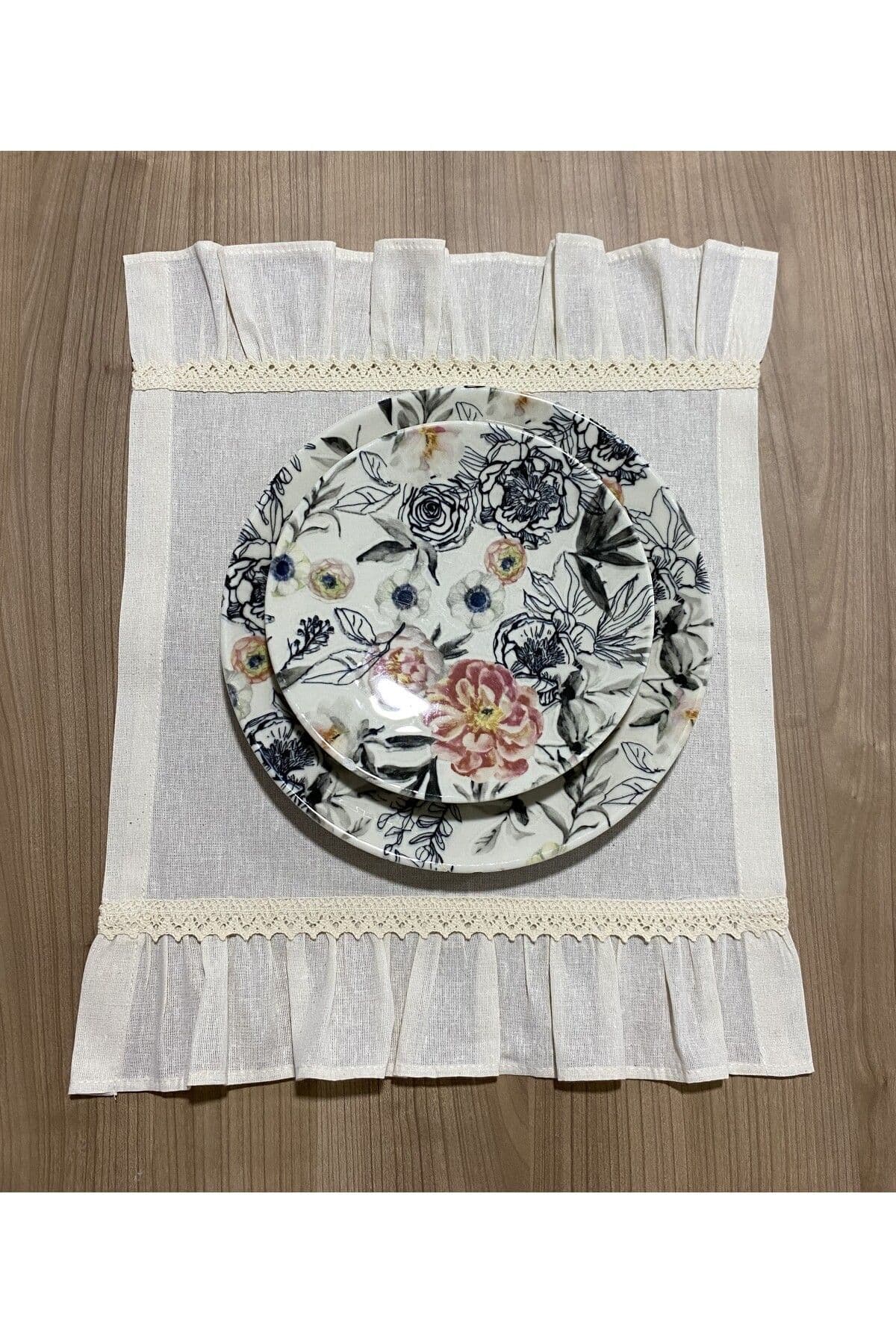 %100 Pamuklu Ham Keten Fırfırlı Dantelli Dikdörtgen 4'lü Amerikan Servisi Supla 35x45 Cm