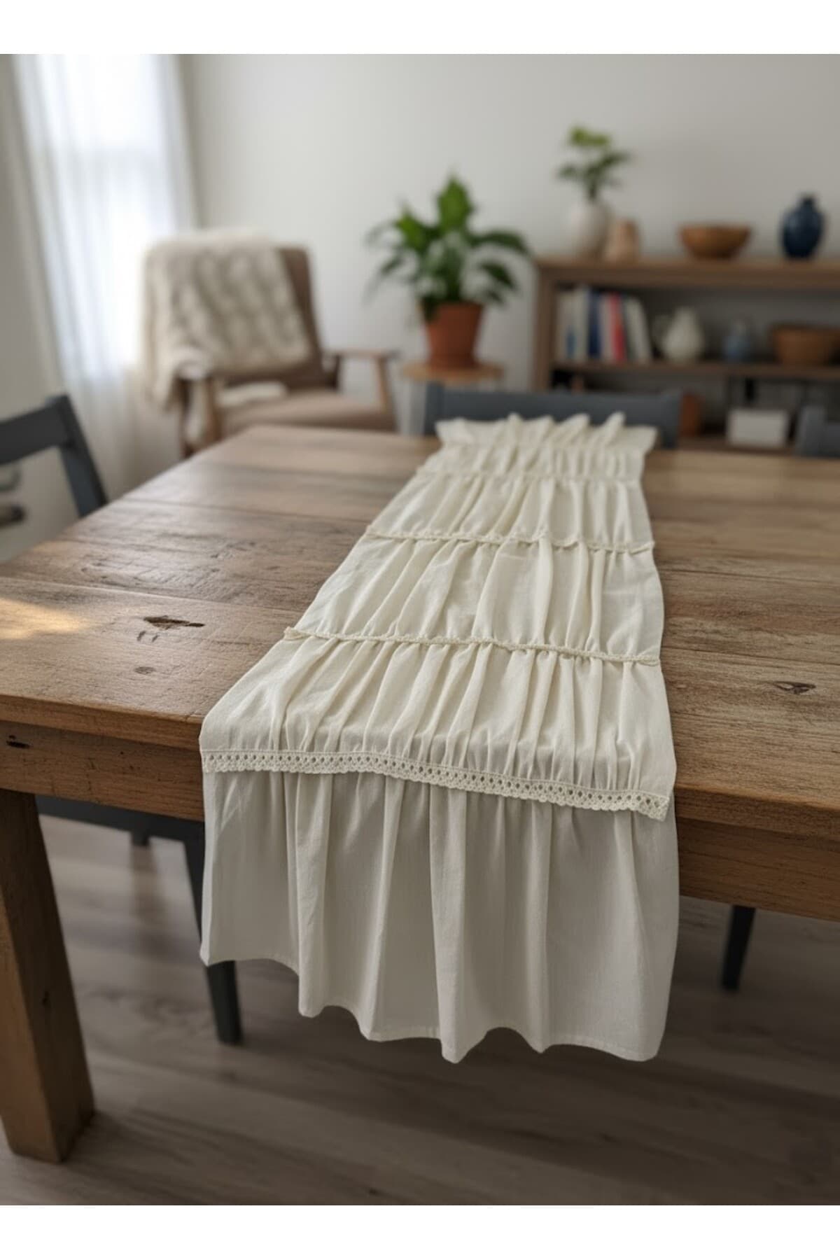 %100 Pamuklu Dantel Detaylı Ham Keten Bohem Runner 40x140 cm